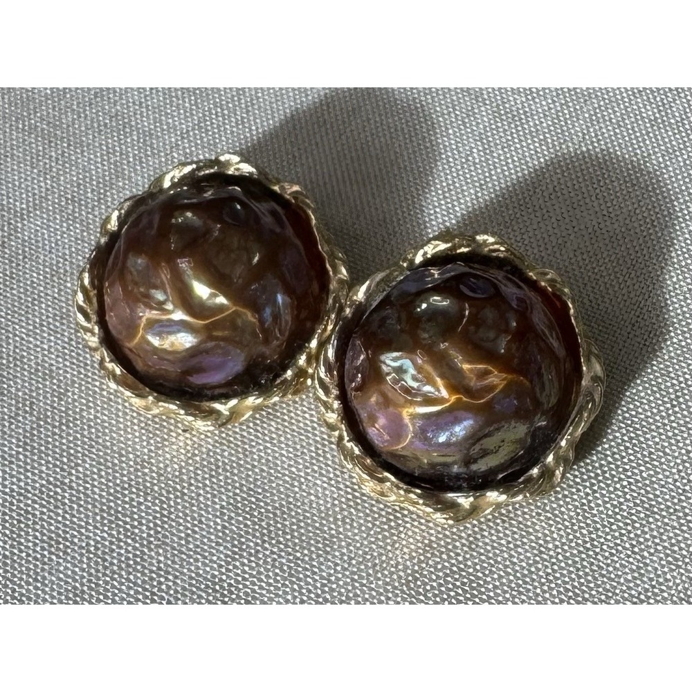Vintage Gold Tone Iridescent Brown Glass Clip On Earrings Mid Century Retro